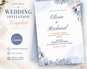 Blue Watercolor Wedding Invitation Template, Floral Wedding Invite, Editable Canva Template Card, Elegant Printable Digital Download