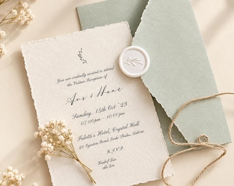 Sage Green Wedding Invitation, Deckle Edge Card with Wax Seal,Handmade Floral Invitation Card, Rustic Elegant Wedding Card, Free shipping