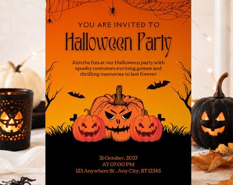 Halloween Party Invitation Card, Editable Canva Invite, Digital Download