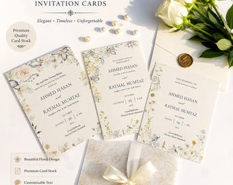 White Floral Wedding Invitations with Envelopes, Elegant Printed Wedding Invitation Set, Personalized Wedding Invites,