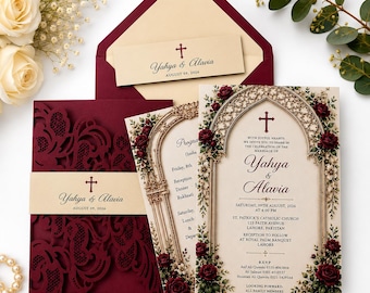 Wedding Invitations, Burgundy Laser Cut Pocket Invitation, Floral Church Invite