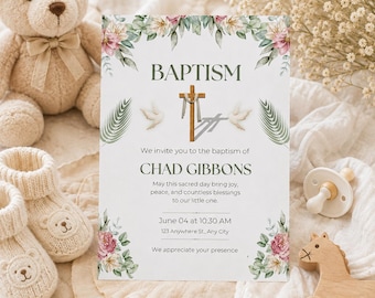 Baptism Invitation Template Editable Canva, Christening Invite, Baby Baptism Printable, Floral Religious Invitation, Instant Download