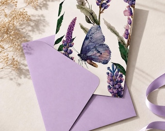 Personalized Butterfly Note Card, Purple Floral Greeting Card, Lavender Envelope Included, Blank Card for Her, Botanical Stationery Gift