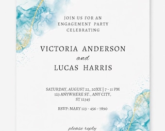 personalized Party Invitation, Editable Canva Template, Blue Watercolor Wedding Invite, Elegant Digital Invitation