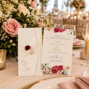 Lyxigt blommigt bröllopsinbjudningskort | Premium fickvikbar inbjudan | Anpassad tryckt bröllopsinbjudan | Elegant rosbröllopskort