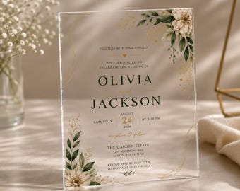 Custom Personalized Acrylic Wedding Invitation, Modern Floral Luxury Invite Suite