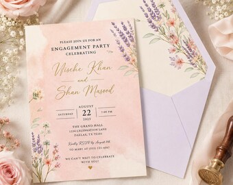 Custom Floral Engagement Party Invitations, Blush Pink Watercolor Wedding Invitations, Elegant Floral Wedding Invite, Printed Invitation