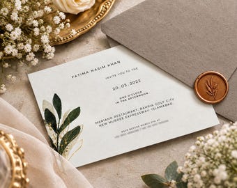Minimalist Wedding Invitation, Copper Wax Seal Card, Greenery Gold Foil Invite, Elegant Kraft Envelope Set, Modern Botanical Wedding