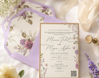 Elegant Lavender Floral Wedding Invitation Card with Gold Border and Calligraphy Design