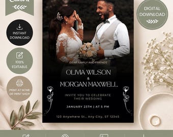 Custom Destination Wedding Invitation Template, Black & White Wedding Invite,  Elegant Editable Canva Card, Digital Download