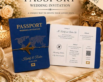 Custom Wedding Invitation | Travel Theme Wedding Invitation | Personalized Boarding Pass Invitation | Luxury Blue & Gold Wedding Invite