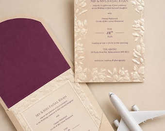 Personalized Luxury Floral Embossed Wedding Invitation, Elegant Pocket Wedding Invite, Custom Wedding Invitation