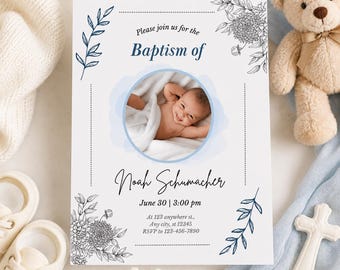 Blue Floral Baptism Invitation Template, Editable Baby Boy Christening Invite, Canva Printable Card, Digital Download