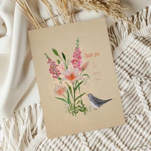 手描き水彩グリーティングカード - あなたでいてくれてありがとう - 花と鳥のデザイン - A6 サイズ - 毎日の感謝のグリーティングカード