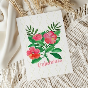 Célébrez avec l'hibiscus - carte de voeux amitié amour famille - carte bouquet de fleurs aquarelle - carte-cadeau pour une célébration de tous les jours
