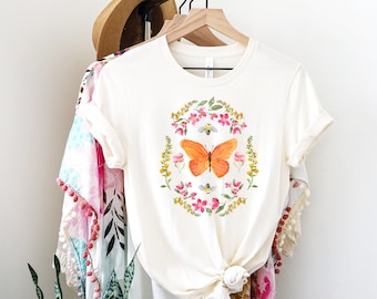 Watercolor hand-painted butterfly and flowers, printed T-shirt