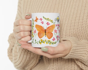 Handpainted butterfly, bee and flowers, Ceramic Mug 11oz