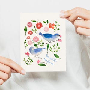 Aquarel blauwe vogels liefde - You Are The One For Me - vriendschap romantiek familiewenskaart - aquarel bloemen - cadeaubon liefje