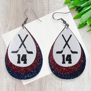 Hockey Earrings | Hockey Stick Earrings | Faux Leather | Custom Team Colors | Personalized Add Number | Handmade | Hockey Mom Gift |