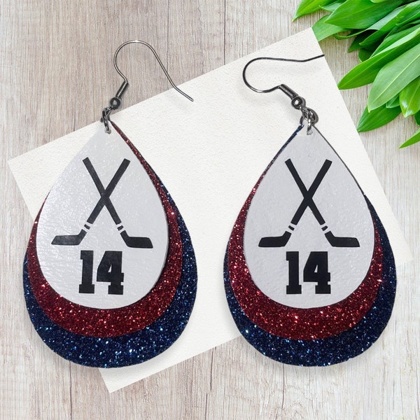 Hockey Earrings | Hockey Stick Earrings | Faux Leather | Custom Team Colors | Personalized Add Number | Handmade | Hockey Mom Gift |