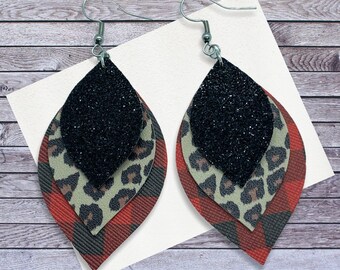 Buffalo Plaid Cheetah Print Faux Leather Earrings | Leopard Print | Red Black | Black Glitter | Triple Layered | Christmas | Holiday | Gift
