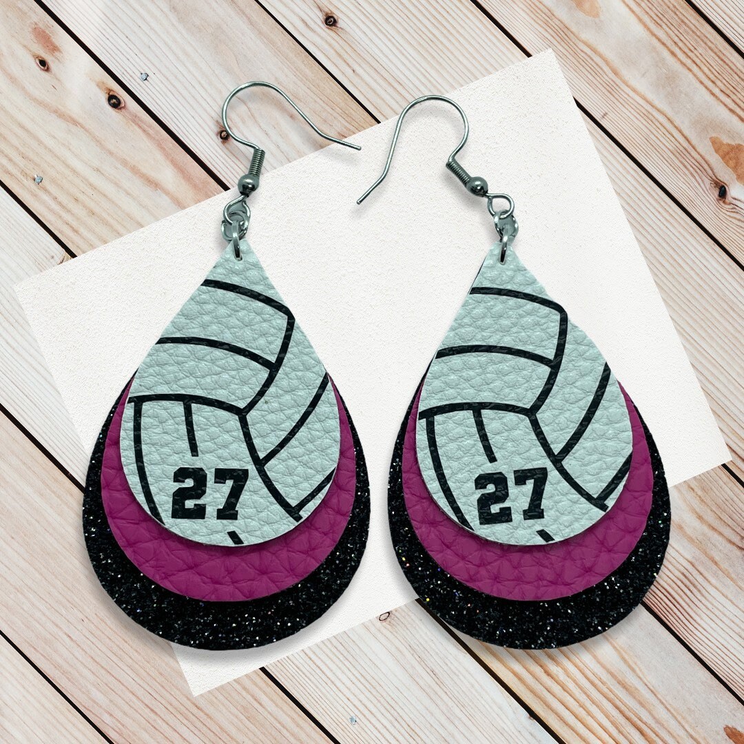 Volleyball Earrings Faux Leather Custom Team Colors Personalized Add