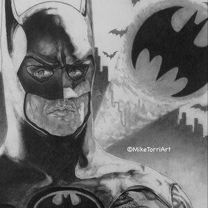 May include: A black and white pencil drawing of Batman, with a dark background of bats and a cityscape. The drawing is signed "@MikeTorriArt".
