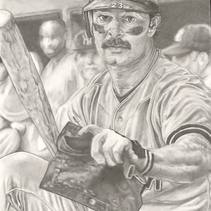 May include: A black and white pencil drawing of a baseball player wearing a New York Yankees uniform. The player is holding a baseball bat and a glove. The player is wearing a cap with the New York Yankees logo and the number 23 on it.
