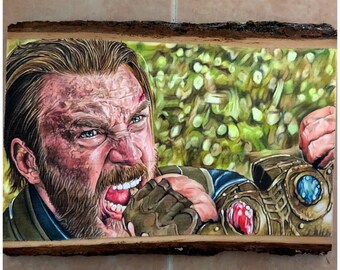 Captain America vs Thanos - Chris evans drawing on basswood, original piece.