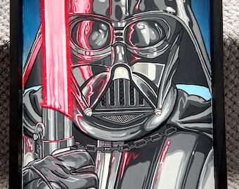 DARTH VADER acrylic painting on 11” by 17” framed wood panel.