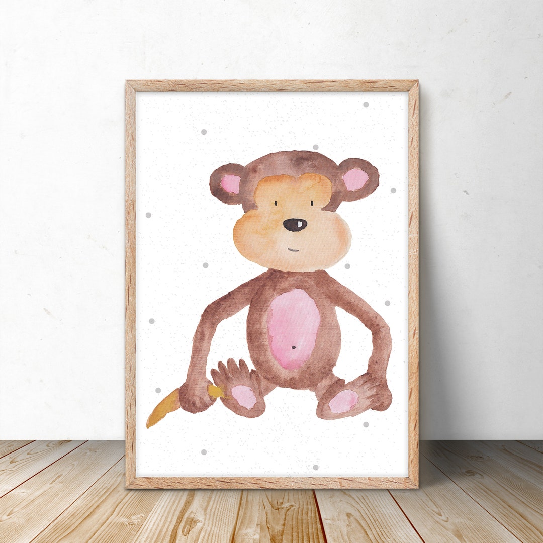 Watercolor Monkey Nursery Wall Art Baby Monkey Animal Print Etsy