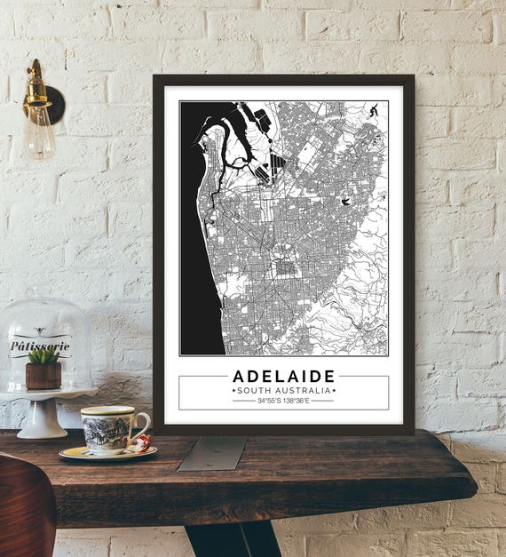 South Australia Wall Art Poster City Wall Decor ADELAIDE Monochrome Map Print