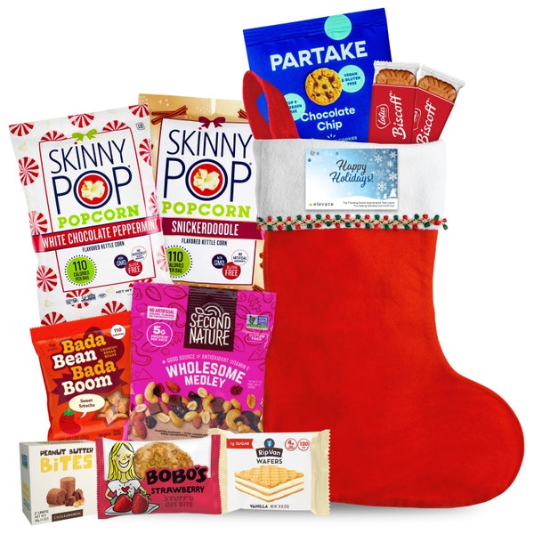 Healthy Snack Stocking Gift: Pre Filled Stocking Stuffers with Trending Vegan, Holiday Themed Snacks, Plant-Based, Trending Treats
