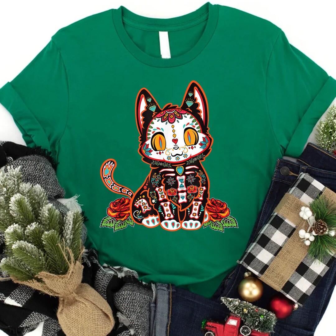Sugar Skull Cat Shirtdia De Los Muertos Shirtsugar Skull Etsy