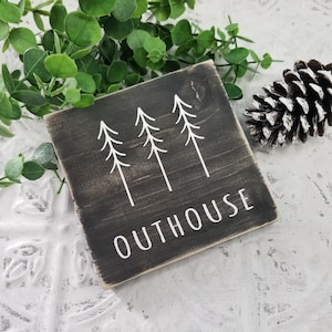 Outhouse wood bathroom sign, rustic sign with trees, cabin decor