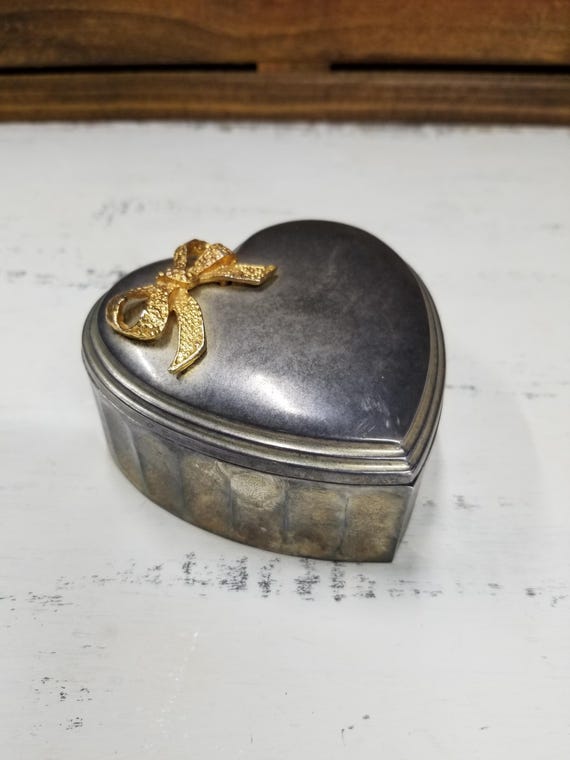 Silver Plated Heart Shaped Golden Bow Jewelry Trinket Box