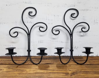 Vintage Black Twisted Wire Candlestick Holders, Wall Hanging Retro Decor, Farmhouse Candle Holders