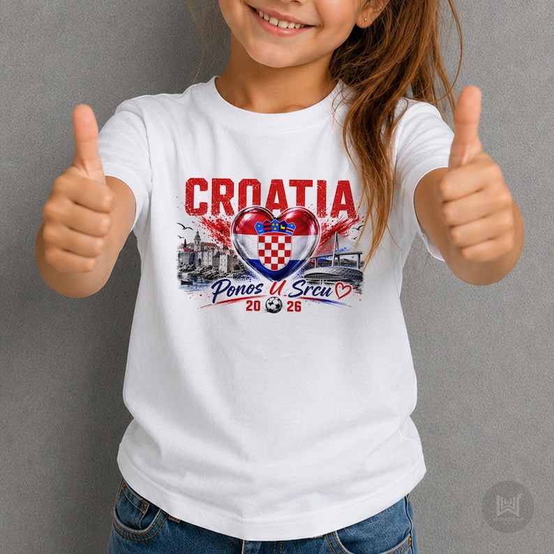 Może przedstawiać: Biały t-shirt z kr&oacute;tkim rękawem z nadrukiem graficznym zawierającym napis CROATIA, flagę Chorwacji w kształcie serca, ilustrację miasta nadmorskiego, most oraz napis Ponos U Srcu 20 26 z małą ikoną piłki nożnej umieszczoną pod sercem.