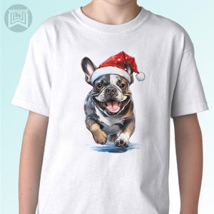 Bouledogue français t shirt chien Bonnet de Noel cadeau tee drôle top art imprimé design graphique vacances en famille anniversaire cadeau de Noël idées personnalisées