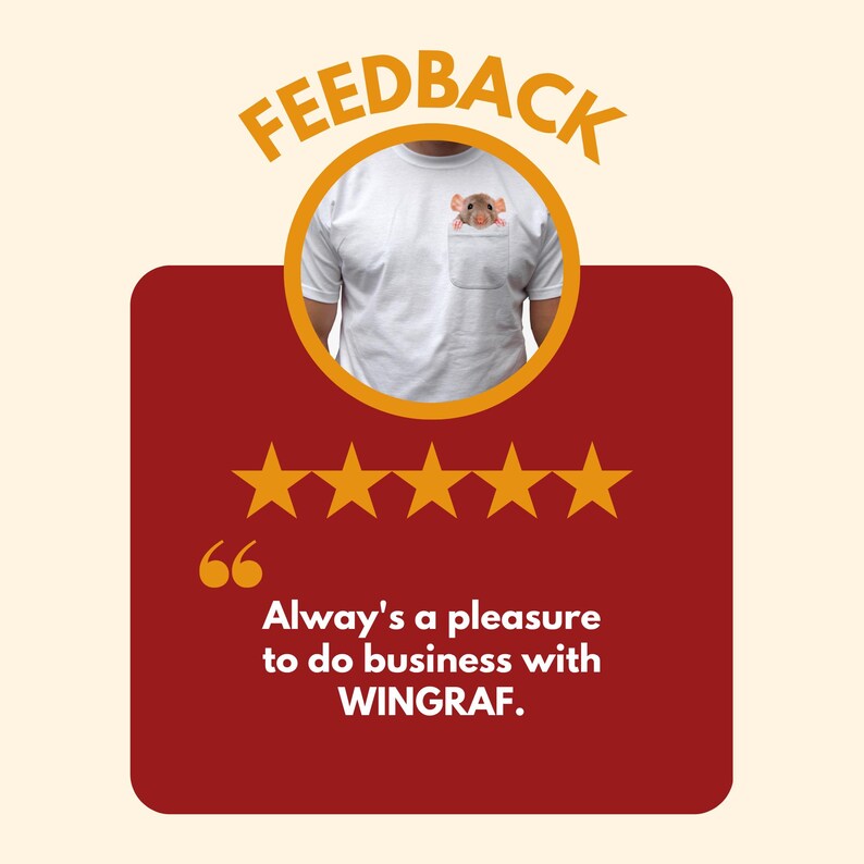 May include: A red rectangle with a five-star rating and a quote that reads "Alway's a pleasure to do business with WINGRAF."