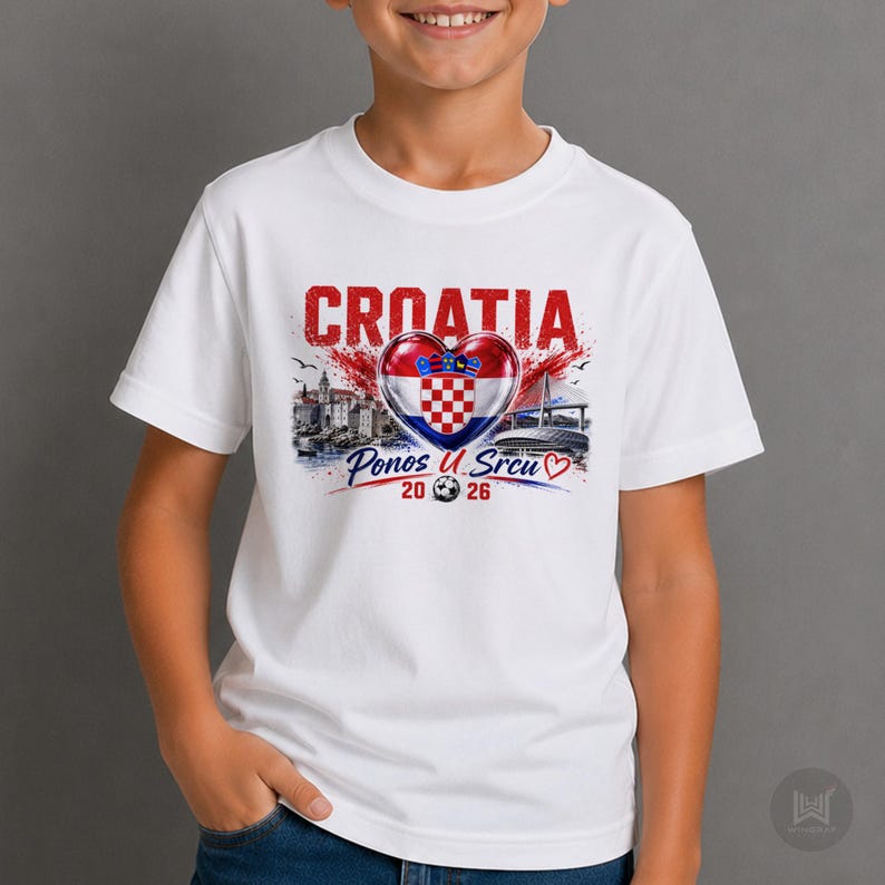 Może przedstawiać: Biały t-shirt z kr&oacute;tkim rękawem z nadrukiem graficznym zawierającym czerwony napis CROATIA, chorwacką flagę w kształcie serca, ilustrację miasta nadmorskiego, most oraz tekst Ponos U Srcu 20 26 z małą ikoną piłki nożnej.