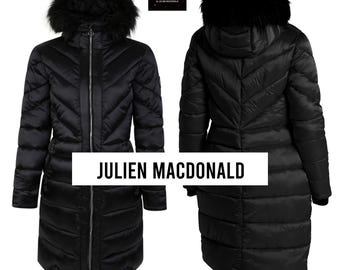 May include: Black puffer coat with a faux fur-trimmed hood. The coat has a chevron design on the front and back, a full-length zipper, and the text "JULIEN MACDONALD". The coat is shown from the front and back.