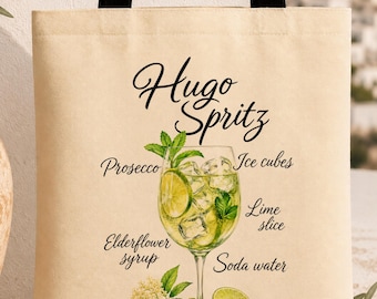 Hugo Spritz Recipe Tote Bag Cocktail Eco  Shopper Italian Summer Birthday Gift for Her Beach Market Grocery Picnic Reusable Eco Friendly