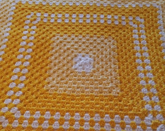 Crocheted Cozy Granny Square Lap Blanket/Throw Yellow and White