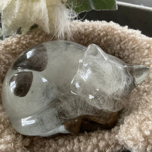 Resin cat statue, each unique, personalized and personal, keepsake including cat bed and free shipping