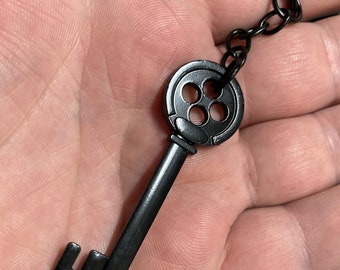 FishesGiveKisses Coraline Key Necklace or Choker, Metal Black Button Skeleton Key Chain, Key Ring, Keychain, Other Mother Cosplay Costume Prop Passkey