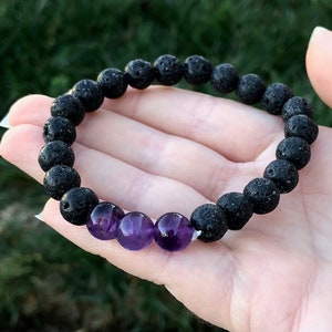 Amethyst and Lava Bead Stretch Bracelets - One Size Fits Most - Crystal Jewelry and Healing