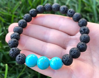 Pulseras elásticas de cuentas de turquesa y lava - Talla única se adapta a la mayoría - Joyería de cristal y curación