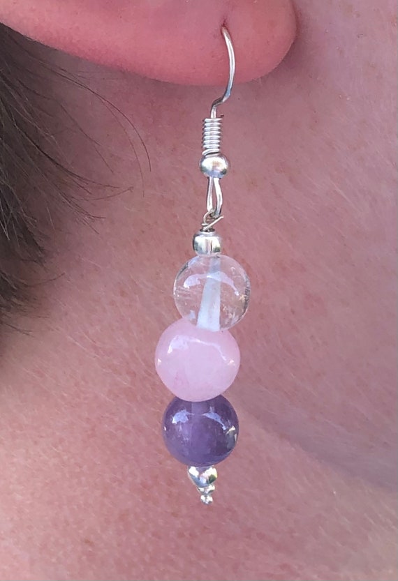 Orecchini Pendenti Ametista E Quarzo Rosa Artigianali, Pietre Dure Naturali