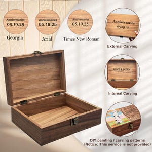 May include: Open wooden box with a hinged lid and metal clasp. The box is a medium brown color. Text on the box includes "Anniversaries 05.19.25" and "ALICE & JADEN". The image also shows examples of carving and painting patterns.